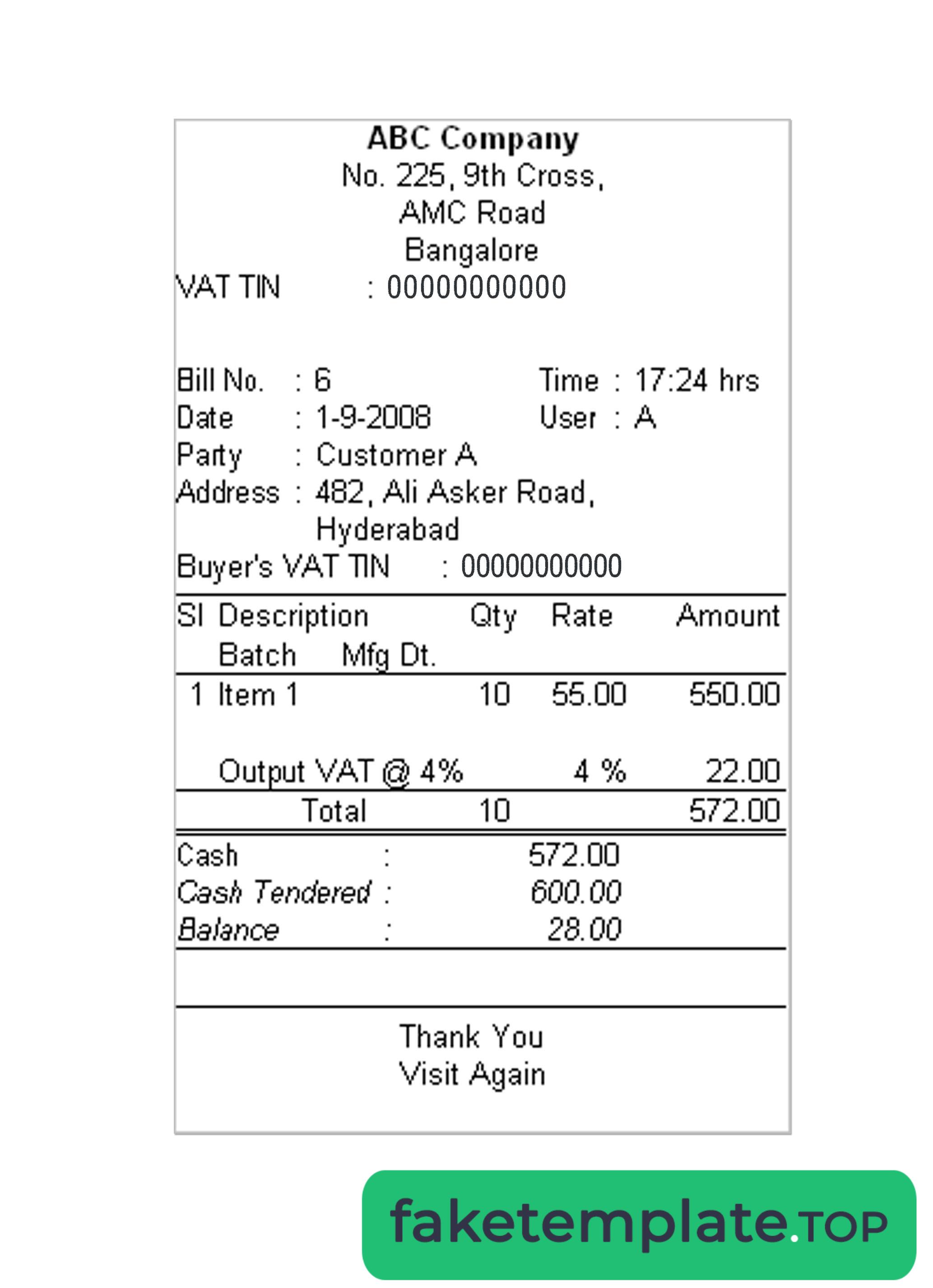 Feature of fake ABC COMPANY cash receipt example